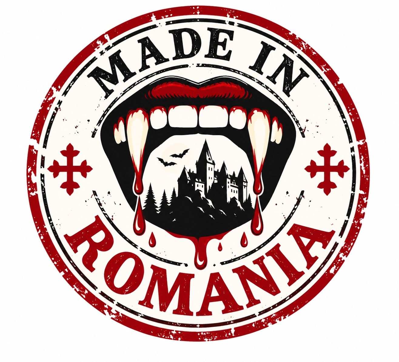 Blood of Dracula — Made in Romania rubber stamp: vampire fangs dripping blood around Bran Castle with bats and orthodox crosses
